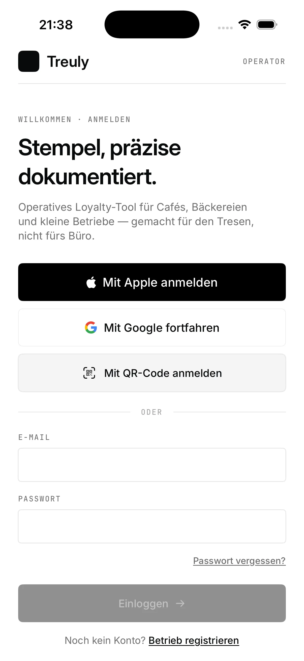Treuly-App: Anmeldebildschirm mit E-Mail und Passwort