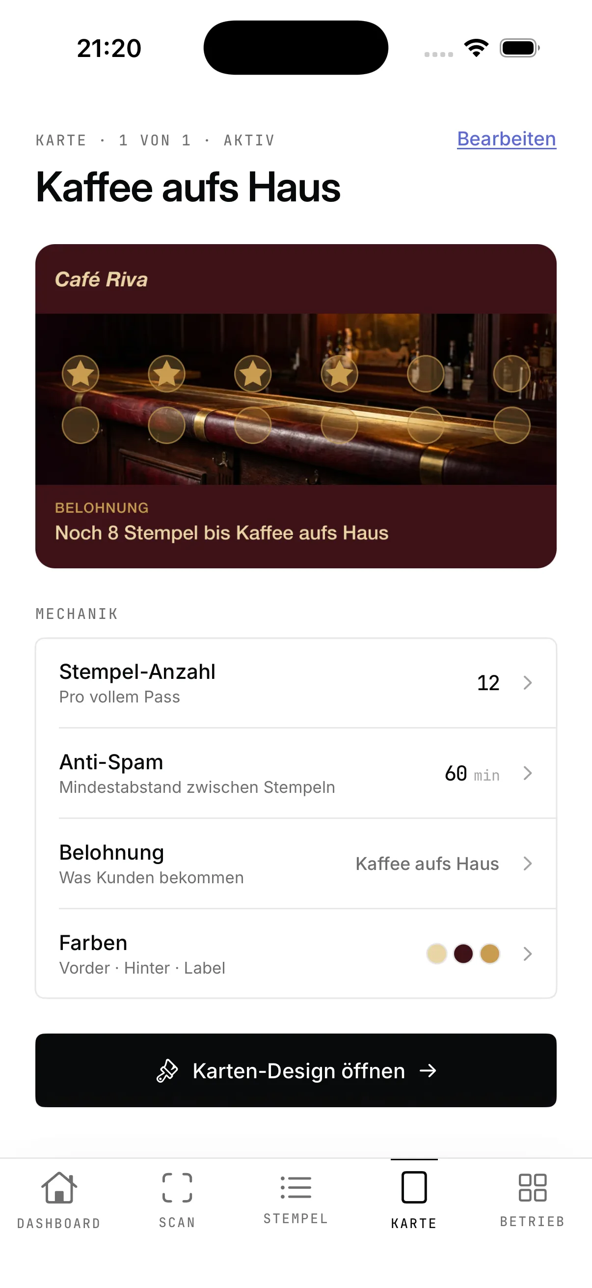 Treuly-App: Karte gestalten — Farbe, Anzahl der Stempel und Belohnung festlegen