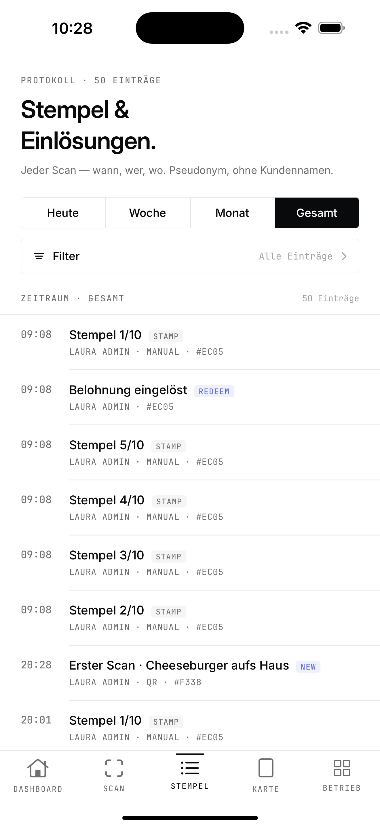 Treuly-App: Stempel-Protokoll mit Zeit und Standort je Eintrag