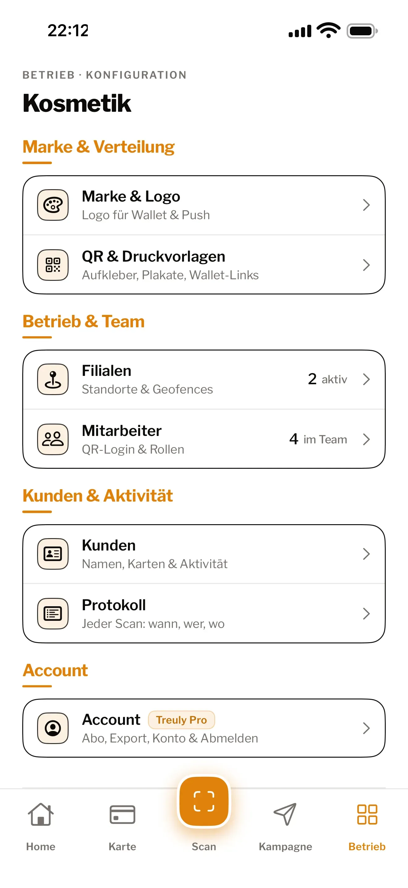 Treuly-App: Betrieb verwalten — Marke, QR-Vorlagen, Filialen und Team