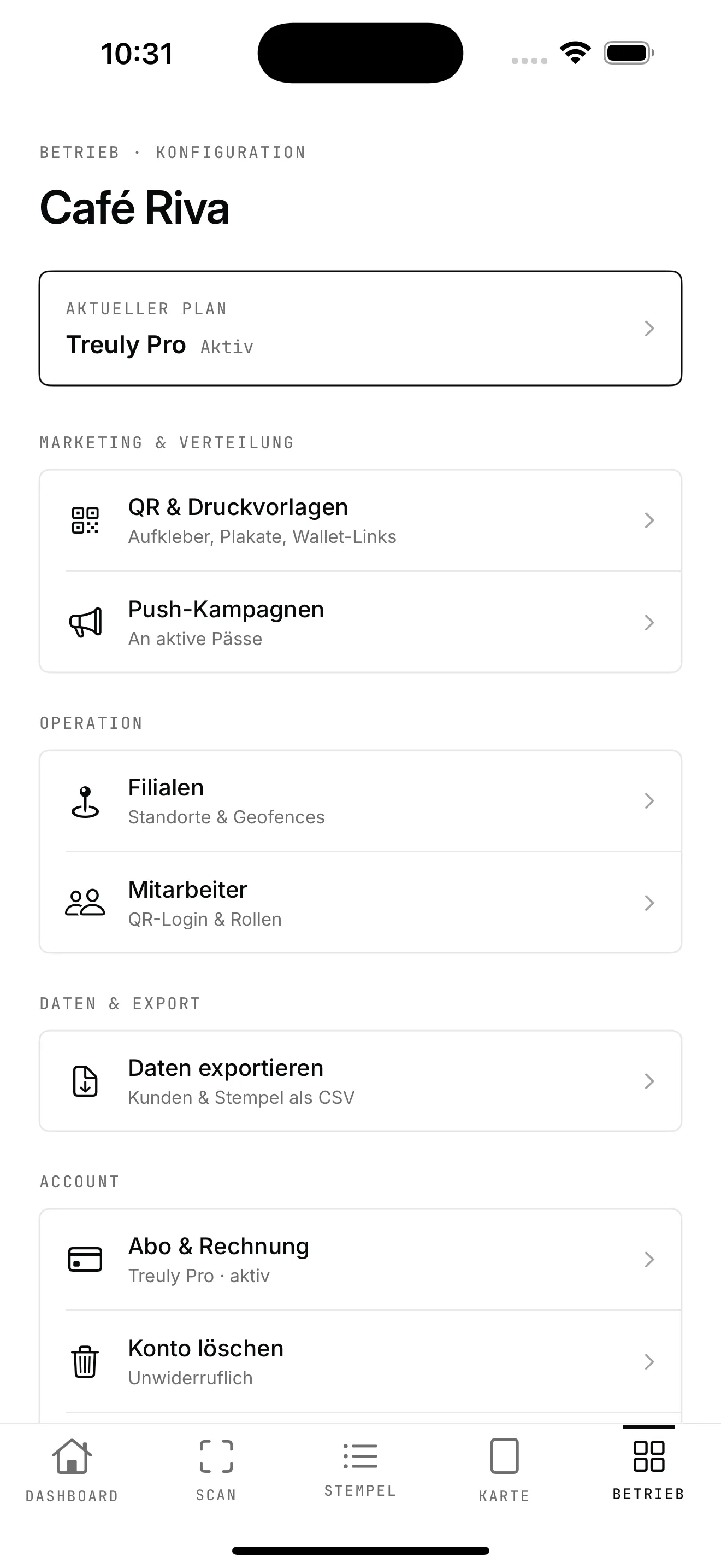Treuly-App: Betrieb verwalten — QR-Vorlagen, Push-Kampagnen, Filialen und Team