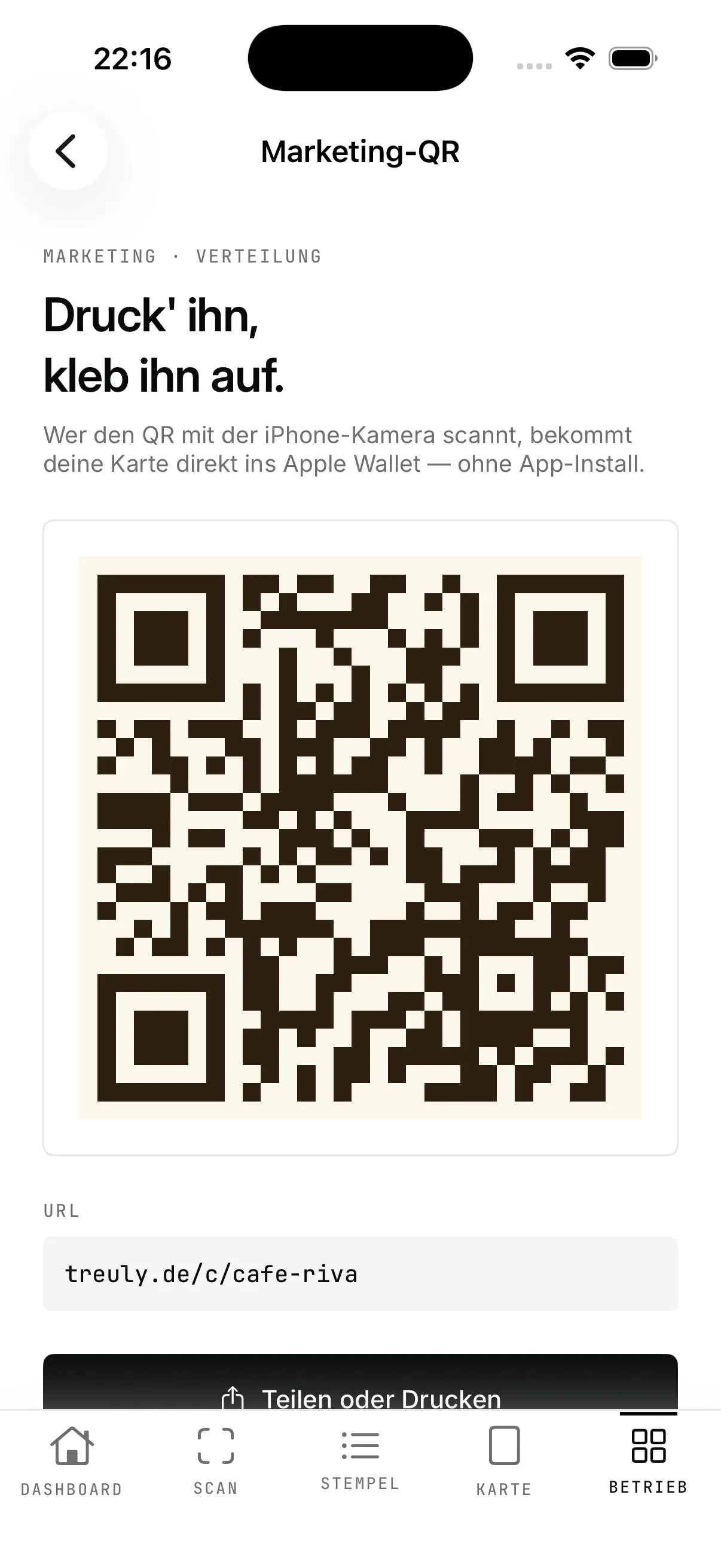 Treuly-App: QR-Code zum Ausdrucken für die Theke