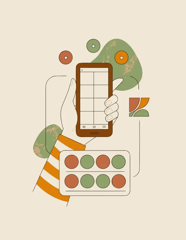 Illustration: eine Stempelkarte wird gestaltet — Farbfelder, Logo und Live-Vorschau