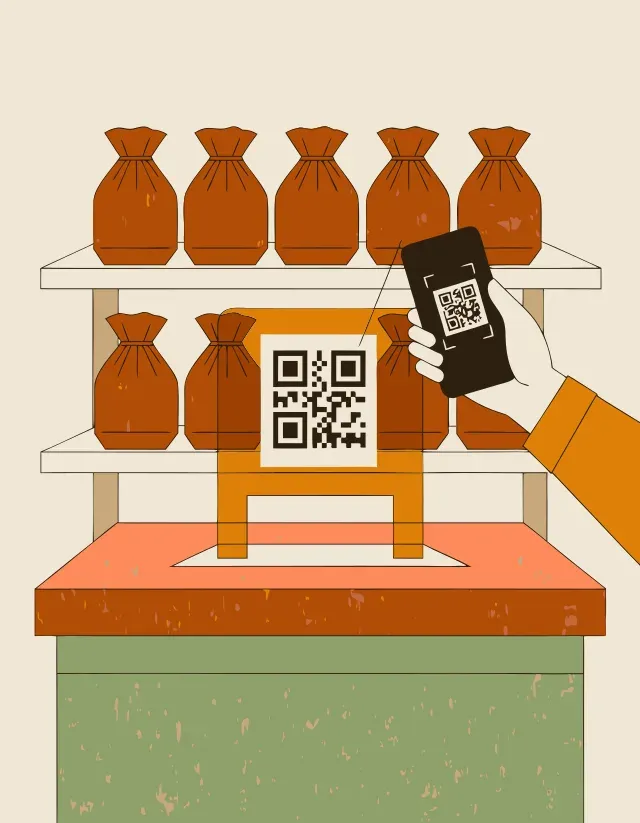Illustration: QR-Aufsteller auf einer Theke, ein Telefon scannt ihn