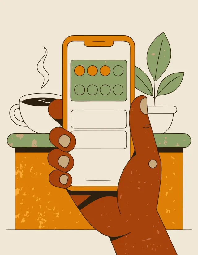 Illustration: eine Hand hält ein Smartphone, die Stempelkarte liegt in der Wallet